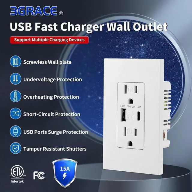Alt view image 4 of 7 - USB Wall Outlet, Charger Outlets Receptacles with 4.2A USB C Ports, 15 Amp Duplex Tamper Resistant Receptacle Plug with USB Electrical Outlet, Wall Plate Included, ETL ListedWhite, 20 Pack
