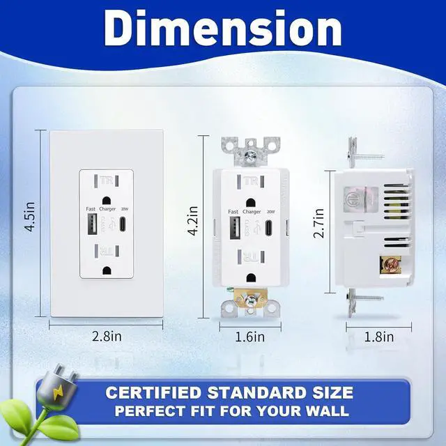 Alt view image 5 of 7 - USB Wall Outlet, Charger Outlets Receptacles with 4.2A USB C Ports, 15 Amp Duplex Tamper Resistant Receptacle Plug with USB Electrical Outlet, Wall Plate Included, ETL ListedWhite, 20 Pack