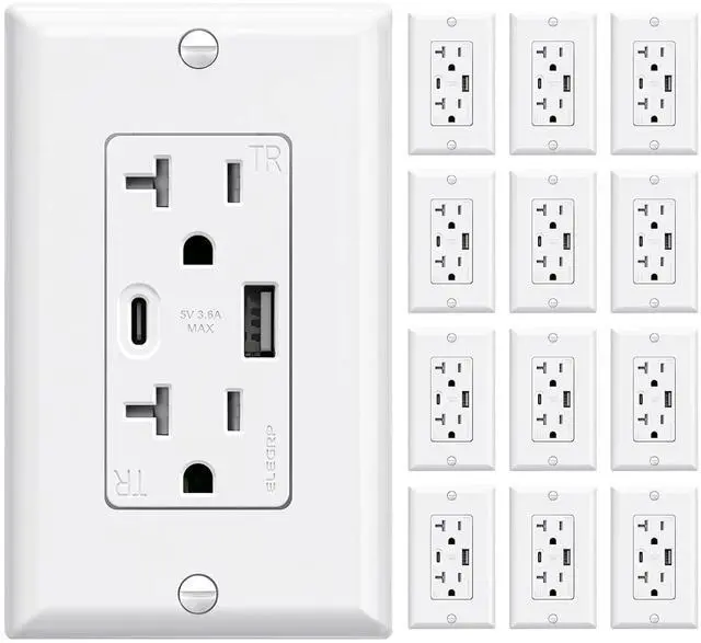Main image of ELEGRP USB Wall Outlets 12 Pack, 20 Amp USB C Wall Outlets Receptacles, Outlets with USB A and USB C Ports, Tamper Resistant Receptacle, Wall Plate Included, UL Listed, White