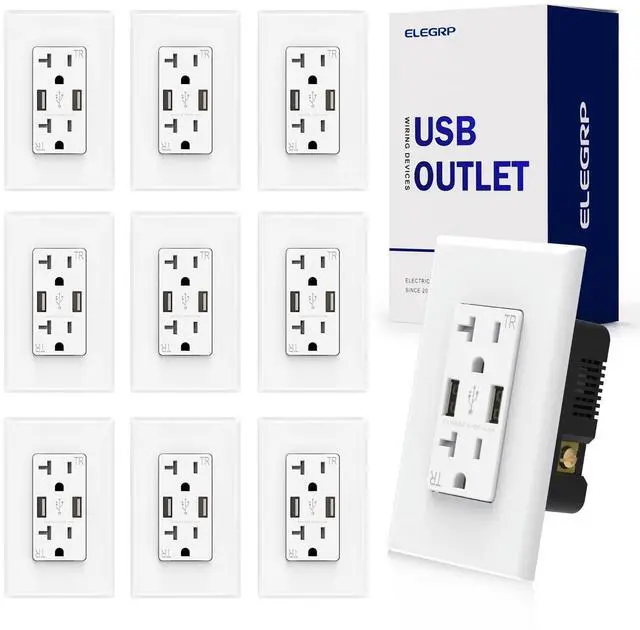 Main image of ELEGRP USB Wall Outlet - Dual 4.0A USB Ports, 20A Tamper Resistant Receptacle, Wall Plate Included, UL Listed (10 Pack, Glossy White)