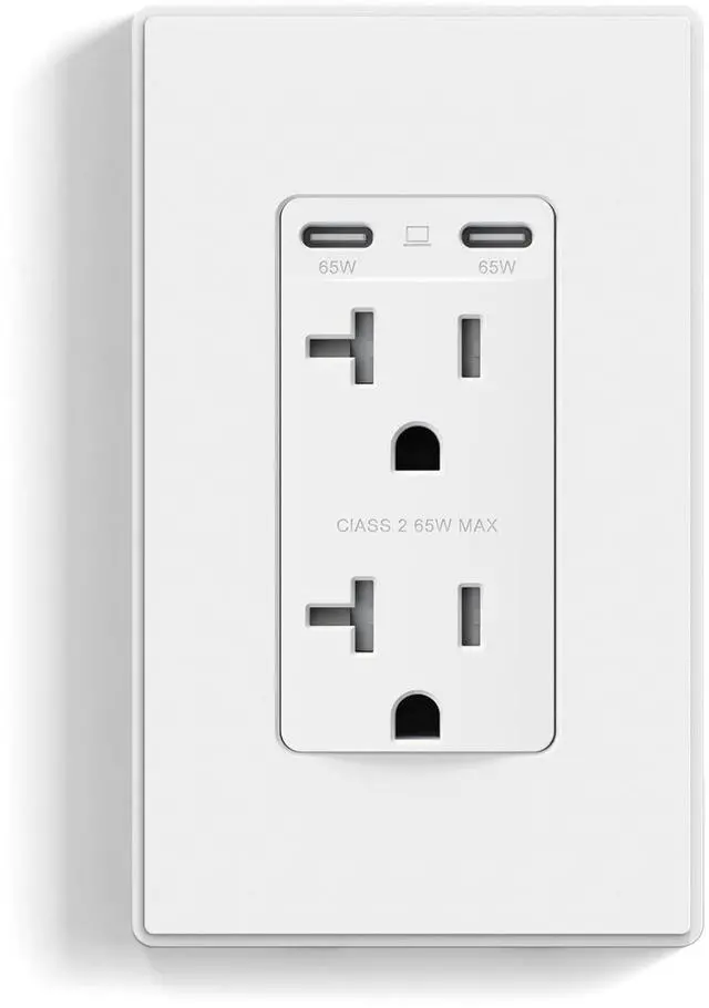 Main image of ELEGRP 65W Ultra-Speed USB C Outlet Receptacle for Laptop, 20 Amp Wall Outlet with USB C Ports, Tamper Resistant USB Outlet, Wall Plate Included, UL Listed, 1 Pack, Matte White