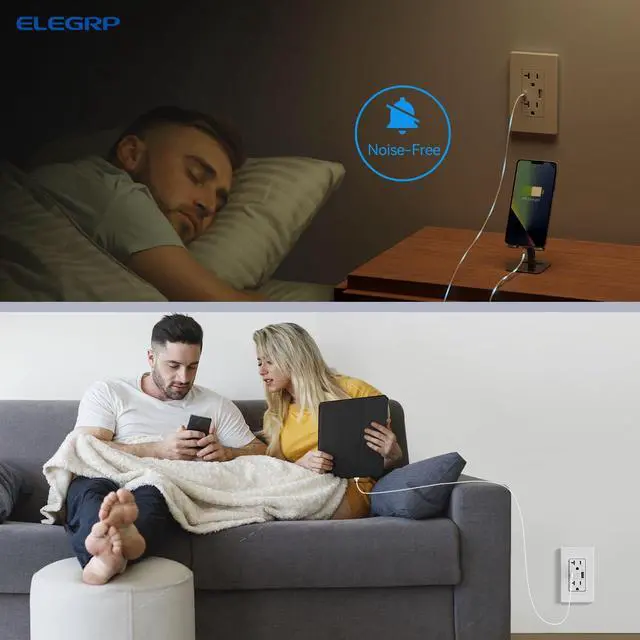 Alt view image 7 of 7 - ELEGRP USB Charger Wall Outlet with Type A & Type C USB Ports, 20 Amp Duplex Tamper Resistant Receptacle Plug, Wall Plate Included, UL Listed (10 Pack, Matte White)