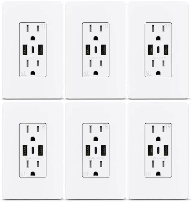 Main image of ThunderWay 30W 6.0A 3-Port USB C Wall Outlet, 15A Tamper Resistant Electrical Outlet Receptacle with Dual Type A & C Ports, Wall Plate Included, ETL Listed, 6 Pack, White