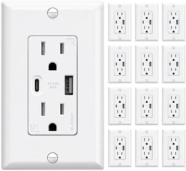 Main image of ELEGRP Wall Outlets 12 Pack, 15 Amp C Wall Outlets Receptacles, Outlets with A and C Ports, Tamper Resistant Receptacle, Wall Plate Included, UL Listed, White