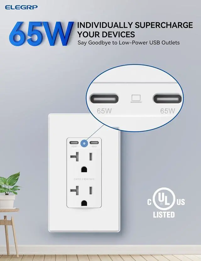 Alt view image 2 of 6 - ELEGRP 65W Ultra-Speed USB C Outlet Receptacle for Laptop, 20 Amp Wall Outlet with USB C Ports, Tamper Resistant USB Outlet, Wall Plate Included, UL Listed, 1 Pack, Matte White