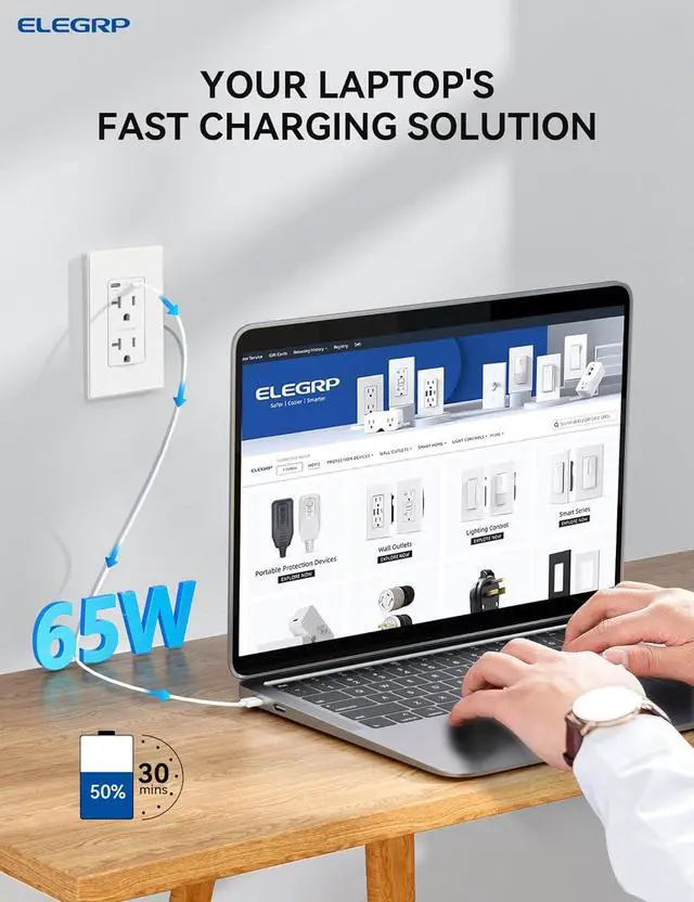 Alt view image 3 of 6 - ELEGRP 65W Ultra-Speed USB C Outlet Receptacle for Laptop, 20 Amp Wall Outlet with USB C Ports, Tamper Resistant USB Outlet, Wall Plate Included, UL Listed, 1 Pack, Matte White