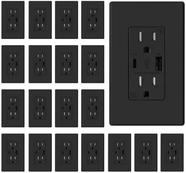 Main image of ELEGRP USB Charger Wall Outlet, USB A & C Ports, 15 Amp Duplex Receptacle Plug NEMA 5-15R, Wall Plate Included, UL Listed, 20 Pack, Matte Black