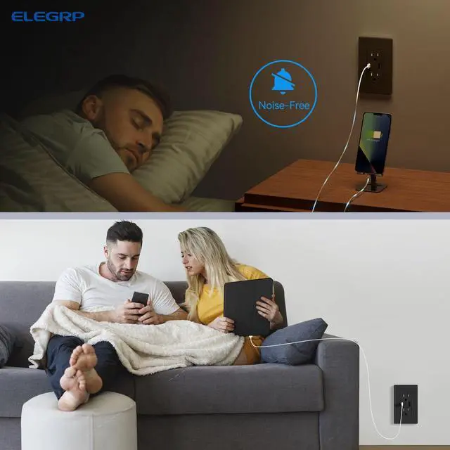 Alt view image 7 of 7 - ELEGRP USB Charger Wall Outlet, USB Receptacle with Type A & Type C USB Ports, 15 Amp Duplex Tamper Resistant Receptacle Plug NEMA 5-15R, Wall Plate Included, UL Listed (6 Pack, Matte Black)