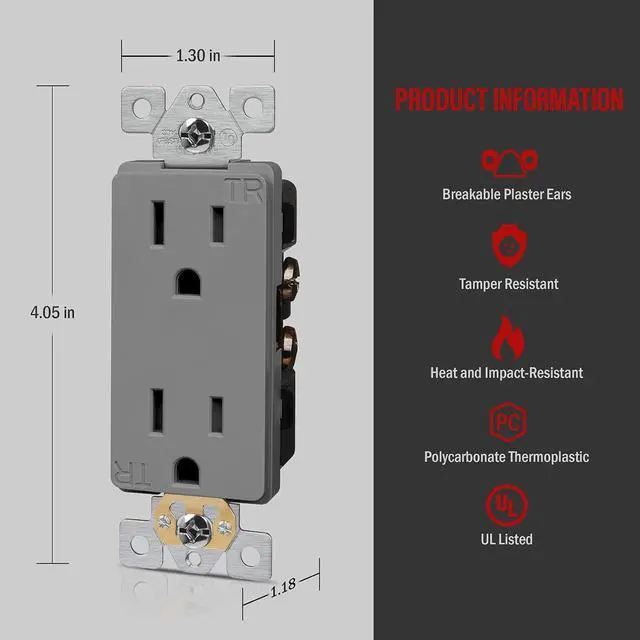 Alt view image 3 of 4 - ENERLITES Industrial Grade Decorator Outlet, 15A 125V, Tamper-Resistant Duplex Receptacle, Self-Grounding, 5-15R, 2-Pole, 3-Wire Grounding, UL Listed, 63150-TR, Gray (10 Pack)