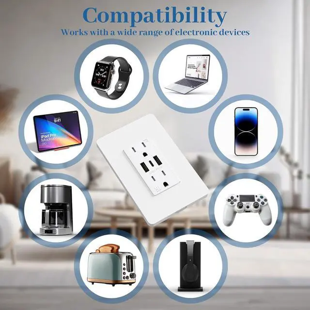 Alt view image 7 of 7 - ThunderWay 30W 6.0A 3-Port USB C Wall Outlet, 15A Tamper Resistant Electrical Outlet Receptacle with Dual Type A & C Ports, Wall Plate Included, ETL Listed, 6 Pack, White