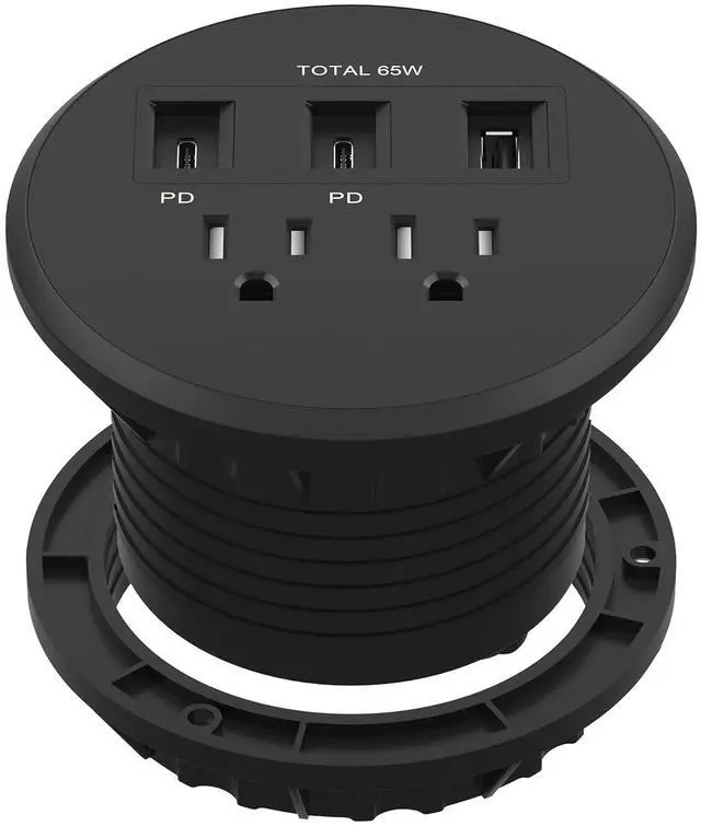 Main image of LIDER PD 65W GaN Technology Desktop Power Grommet, Power Delivery, USB-A and 2 USB-C Ports, Tamper-Resistant Receptacles, Self-Close Cover, Desk Charging Station, Black, 6.5ft Cord, ETL Listed