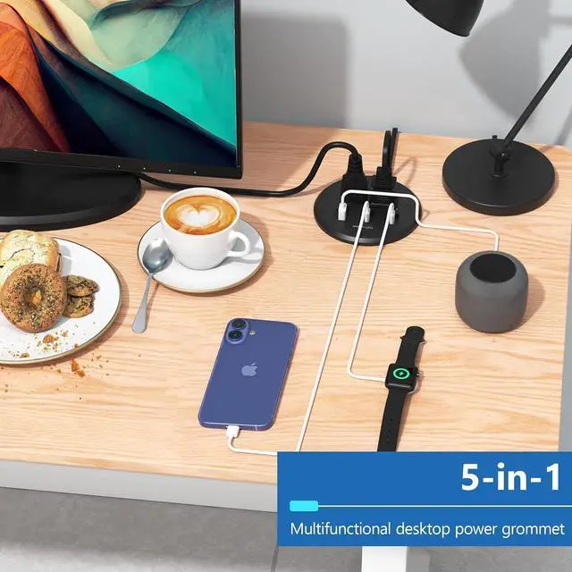 Alt view image 3 of 7 - LIDER PD 65W GaN Technology Desktop Power Grommet, Power Delivery, USB-A and 2 USB-C Ports, Tamper-Resistant Receptacles, Self-Close Cover, Desk Charging Station, Black, 6.5ft Cord, ETL Listed