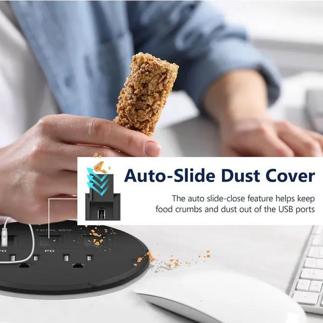 Alt view image 4 of 7 - LIDER PD 65W GaN Technology Desktop Power Grommet, Power Delivery, USB-A and 2 USB-C Ports, Tamper-Resistant Receptacles, Self-Close Cover, Desk Charging Station, Black, 6.5ft Cord, ETL Listed