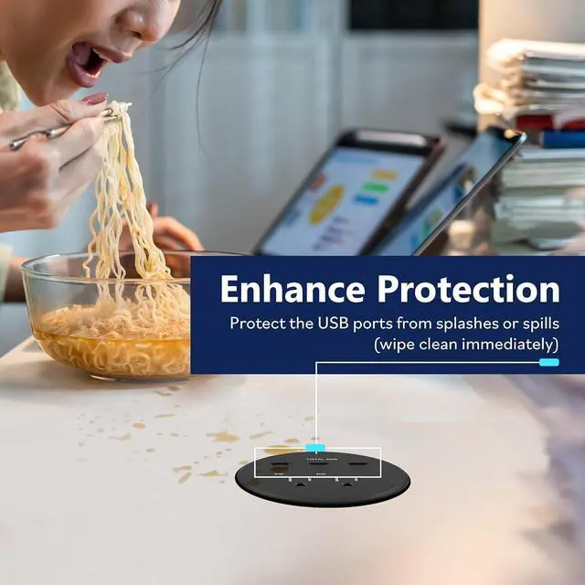 Alt view image 5 of 7 - LIDER PD 65W GaN Technology Desktop Power Grommet, Power Delivery, USB-A and 2 USB-C Ports, Tamper-Resistant Receptacles, Self-Close Cover, Desk Charging Station, Black, 6.5ft Cord, ETL Listed