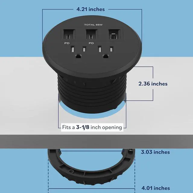 Alt view image 7 of 7 - LIDER PD 65W GaN Technology Desktop Power Grommet, Power Delivery, USB-A and 2 USB-C Ports, Tamper-Resistant Receptacles, Self-Close Cover, Desk Charging Station, Black, 6.5ft Cord, ETL Listed