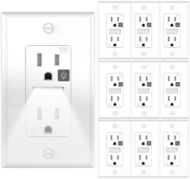 Main image of SOZULAMP White Outlets Receptacles with Night Light,Electrical Tamper Resistant Wall Outlet 15 Amp 125Volt, Nightlight Wall Outlet with Covers Wall Plate(10 Pack)