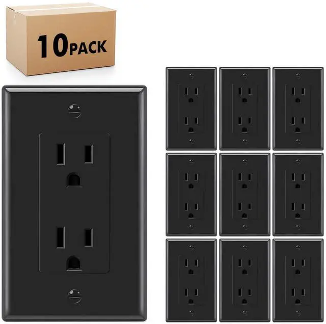 Main image of Micmi Decorator Receptacle Outlet, Standard Decorative Wall Outlet, 15 Amp, 125 Volt, Non-Tamper Resistant, Grounding UL Listed Black (15A Outlet with wallplates 10pack)
