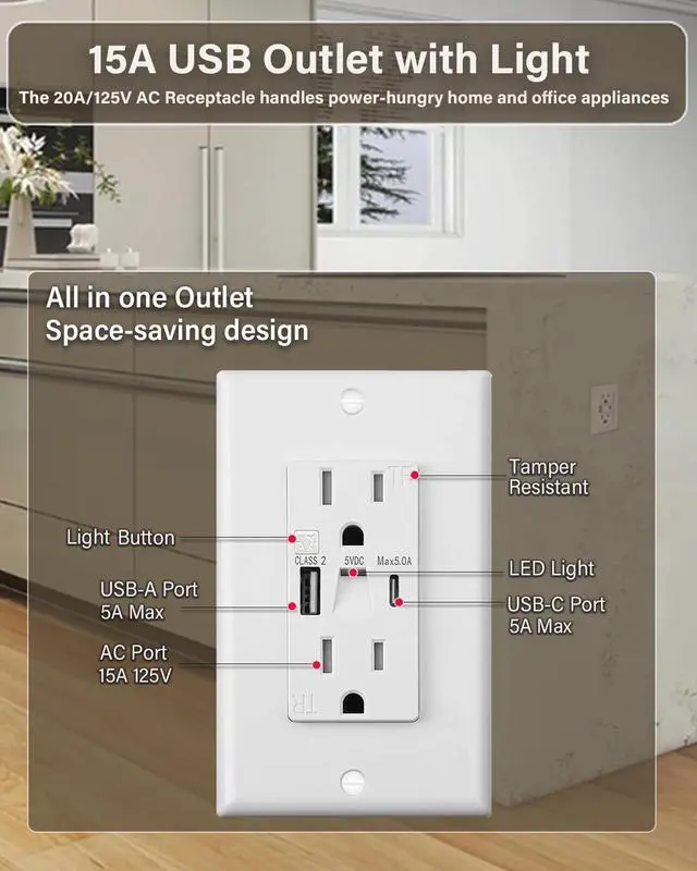 Alt view image 3 of 7 - USB Outlet with Night Lights,15Amp Tamper Resistant Outlet with Built in Lights fit for Livingoom, and Type A & Type-C USB in-Wall Charger fit for Smart Phones,White (10)