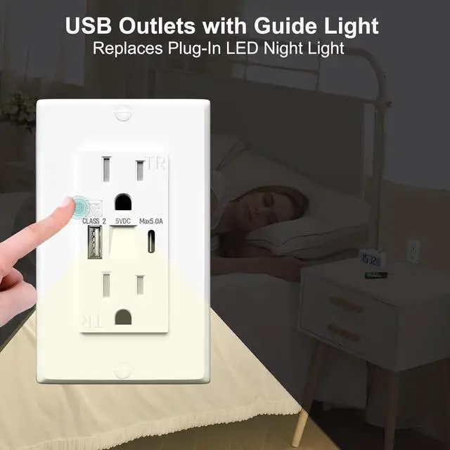 Alt view image 7 of 7 - USB Outlet with Night Lights,15Amp Tamper Resistant Outlet with Built in Lights fit for Livingoom, and Type A & Type-C USB in-Wall Charger fit for Smart Phones,White (10)