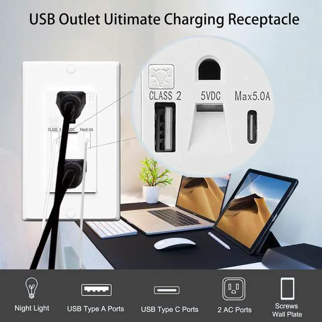 Alt view image 6 of 7 - USB Outlet with Night Lights,15Amp Tamper Resistant Outlet with Built in Lights fit for Livingoom, and Type A & Type-C USB in-Wall Charger fit for Smart Phones,White (10)