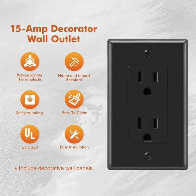 Alt view image 2 of 7 - Micmi Decorator Receptacle Outlet, Standard Decorative Wall Outlet, 15 Amp, 125 Volt, Non-Tamper Resistant, Grounding UL Listed Black (15A Outlet with wallplates 10pack)