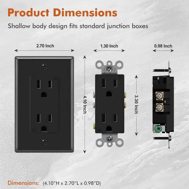 Alt view image 3 of 7 - Micmi Decorator Receptacle Outlet, Standard Decorative Wall Outlet, 15 Amp, 125 Volt, Non-Tamper Resistant, Grounding UL Listed Black (15A Outlet with wallplates 10pack)