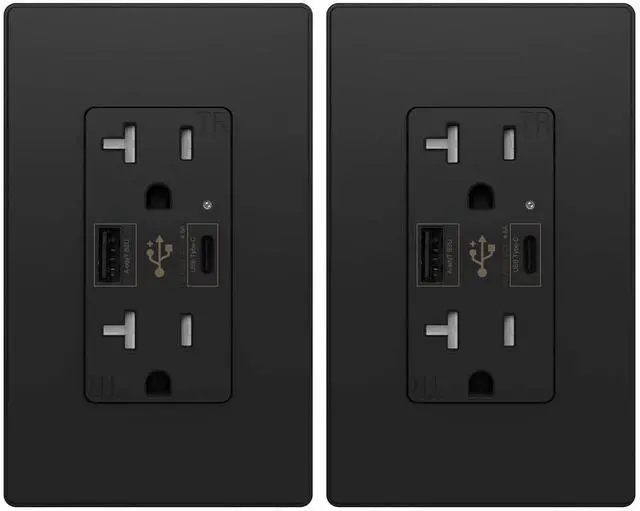 Main image of Micmi USB Type C Wall Outlet Dual High Speed Receptacle 20 Amp, Smart 4.8A Fast Charging Capability, Tamper Resistant Wall Plate Included UL Listed, Type C (Black, 2 Pack)