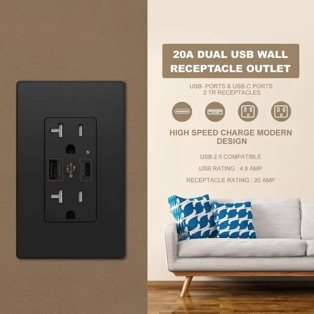 Alt view image 2 of 7 - Micmi USB Type C Wall Outlet Dual High Speed Receptacle 20 Amp, Smart 4.8A Fast Charging Capability, Tamper Resistant Wall Plate Included UL Listed, Type C (Black, 2 Pack)