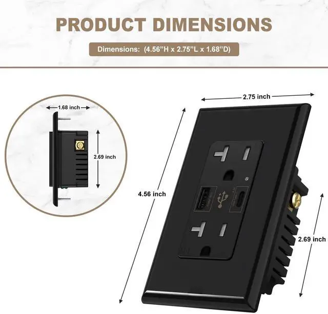 Alt view image 3 of 7 - Micmi USB Type C Wall Outlet Dual High Speed Receptacle 20 Amp, Smart 4.8A Fast Charging Capability, Tamper Resistant Wall Plate Included UL Listed, Type C (Black, 2 Pack)