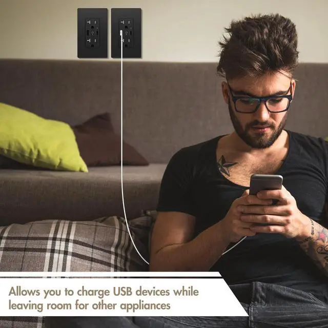 Alt view image 6 of 7 - Micmi USB Type C Wall Outlet Dual High Speed Receptacle 20 Amp, Smart 4.8A Fast Charging Capability, Tamper Resistant Wall Plate Included UL Listed, Type C (Black, 2 Pack)