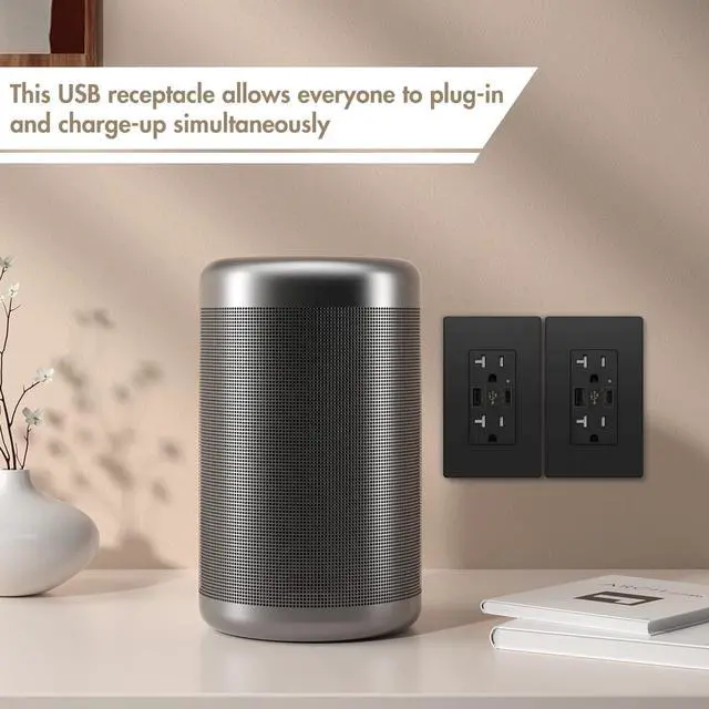 Alt view image 7 of 7 - Micmi USB Type C Wall Outlet Dual High Speed Receptacle 20 Amp, Smart 4.8A Fast Charging Capability, Tamper Resistant Wall Plate Included UL Listed, Type C (Black, 2 Pack)