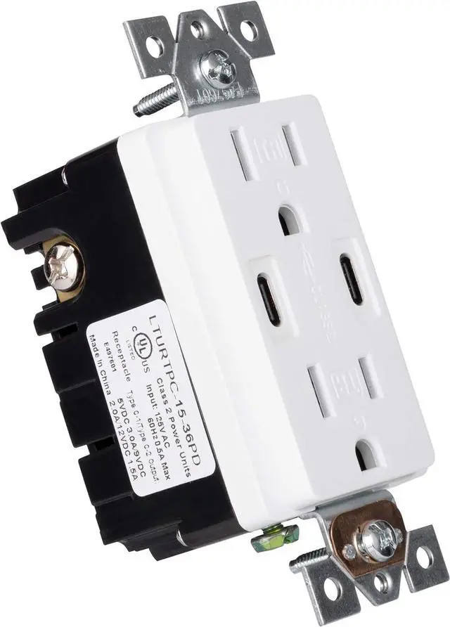 Alt view image 3 of 7 - 18W Dual USB Type C With Power Delivery Wall Outlet With Dual Tamper-Resistant Plugs (1, White)