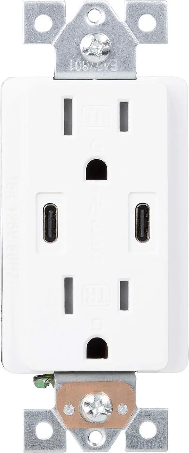 Alt view image 2 of 7 - 18W Dual USB Type C With Power Delivery Wall Outlet With Dual Tamper-Resistant Plugs (1, White)
