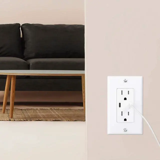 Alt view image 6 of 7 - 18W Dual USB Type C With Power Delivery Wall Outlet With Dual Tamper-Resistant Plugs (1, White)