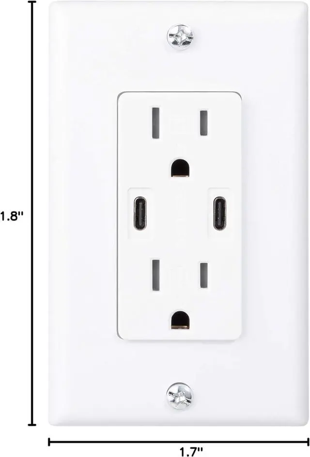 Alt view image 7 of 7 - 18W Dual USB Type C With Power Delivery Wall Outlet With Dual Tamper-Resistant Plugs (1, White)