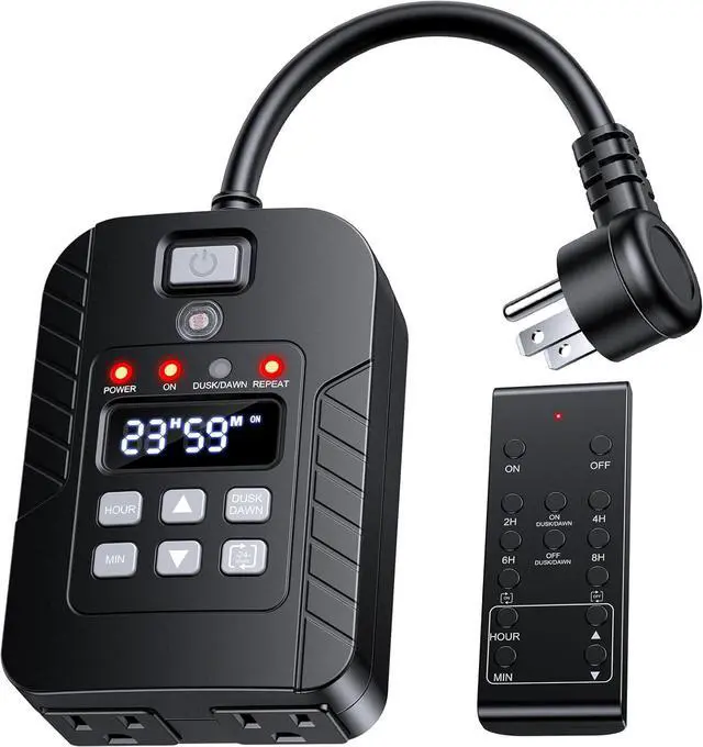 Main image of Outdoor Light Timer Waterproof, Remote Control Dusk to Dawn Sensor Timer, 100 FT Range, Plug in, 2 Outlets Digital Timer Switch for Home and Garden, 15A/1875W