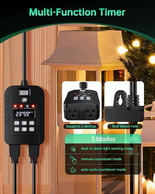 Alt view image 2 of 7 - Outdoor Light Timer Waterproof, Remote Control Dusk to Dawn Sensor Timer, 100 FT Range, Plug in, 2 Outlets Digital Timer Switch for Home and Garden, 15A/1875W