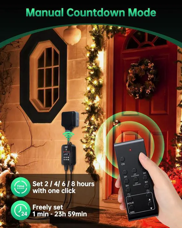 Alt view image 4 of 7 - Outdoor Light Timer Waterproof, Remote Control Dusk to Dawn Sensor Timer, 100 FT Range, Plug in, 2 Outlets Digital Timer Switch for Home and Garden, 15A/1875W