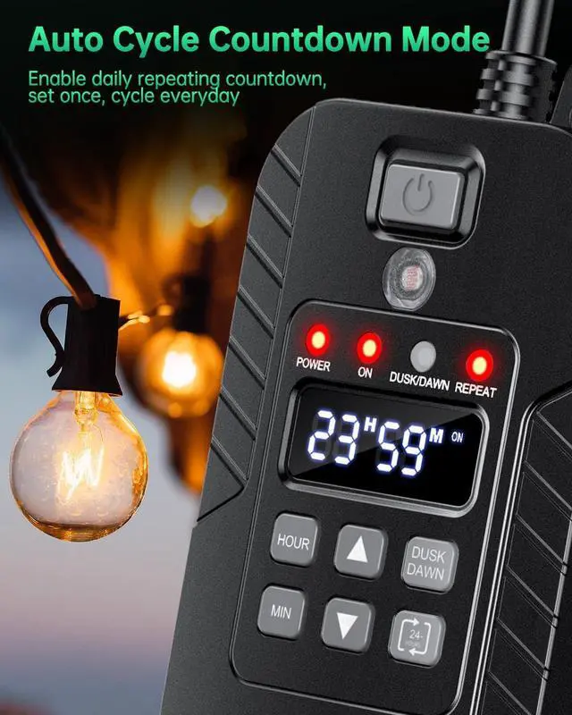 Alt view image 5 of 7 - Outdoor Light Timer Waterproof, Remote Control Dusk to Dawn Sensor Timer, 100 FT Range, Plug in, 2 Outlets Digital Timer Switch for Home and Garden, 15A/1875W