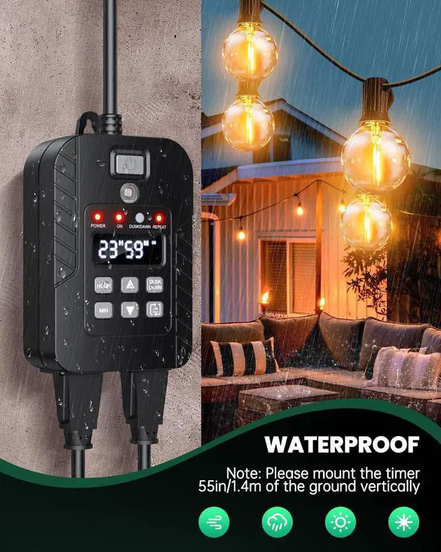 Alt view image 7 of 7 - Outdoor Light Timer Waterproof, Remote Control Dusk to Dawn Sensor Timer, 100 FT Range, Plug in, 2 Outlets Digital Timer Switch for Home and Garden, 15A/1875W
