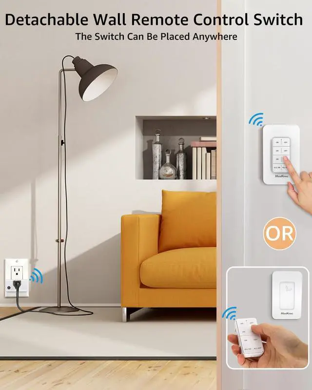 Alt view image 2 of 7 - Remote Control Outlet, Wireless Wall Mounted Light Switch Kit, FCC & ETL Listed, Programmable and Expandable, No Wiring, 200Ft RF Range, 15A/1800W, 1 Remote + 3 Outlets