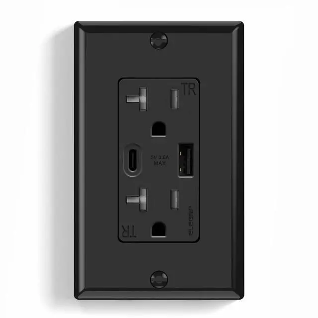 Main image of ELEGRP Wall Outlet, 20 Amp C Wall Outlets Receptacles, Outlets with A and C Ports, Tamper Resistant Receptacle, Wall Plate Included, UL Listed, 1 Pack, Black
