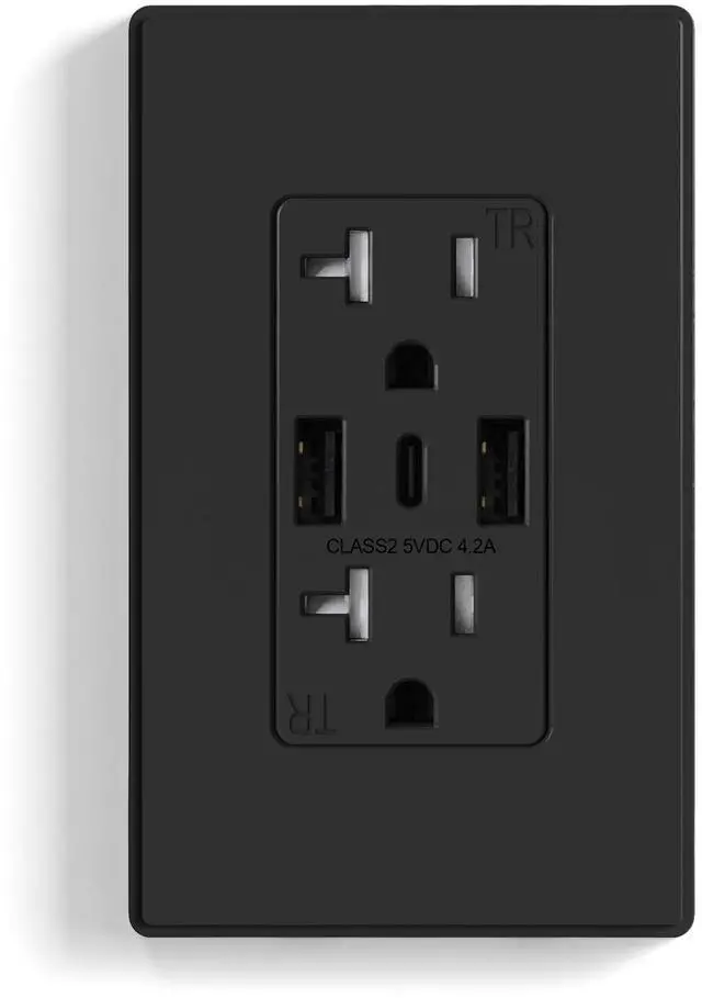Main image of ELEGRP USB Wall Outlets - 3-Port USB-C Receptacles, Matte Black, 20 Amp, Tamper-Resistant, Screwless Wall Plate, UL & CUL Listed, 1 Pack