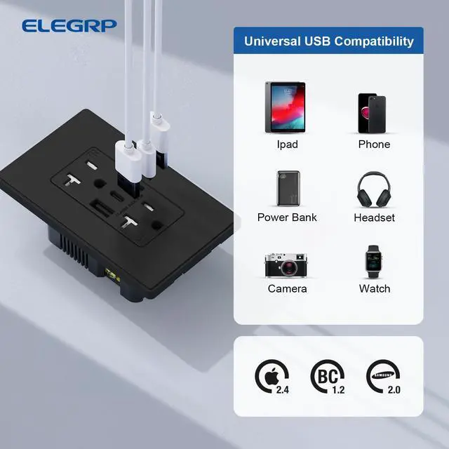 Alt view image 3 of 7 - ELEGRP USB Wall Outlets - 3-Port USB-C Receptacles, Matte Black, 20 Amp, Tamper-Resistant, Screwless Wall Plate, UL & CUL Listed, 1 Pack