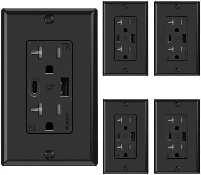 Main image of ELEGRP USB Wall Outlets, 20 Amp USB C Wall Outlets Receptacles, Outlets with USB A and C Ports, Tamper Resistant Receptacle, Wall Plate Included, UL Listed, 5 Pack, Black