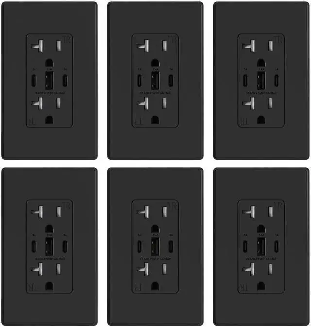 Main image of ELEGRP USB Outlets, 30W 6.0 Amp USB C Outlets Receptacles, 3-Port USB Wall Outlet, 20 Amp Tamper-Resistant Outlet with 2 USB C Ports, UL Listed, Screwless Wall Plate Included, 6 Pack, Matte Black