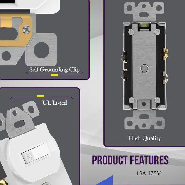 Alt view image 2 of 7 - ENERLITES Combination Single Pole Toggle Switch 15A/120VAC and Tamper-Resistant Receptacle 15A/125VAC, Residential Grade, UL Listed, 62150-TR-W, White, 5 Pack