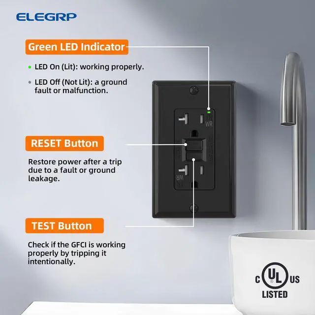 Alt view image 4 of 7 - ELEGRP Outdoor GFCI Outlet 20 Amp, Self-Test GFI Electrical Outlet with Narrow Design, Tamper Resistant GFCI Receptacle with LED Indicator, UL Listed, Black, Wall Plate Included, 10 Pack