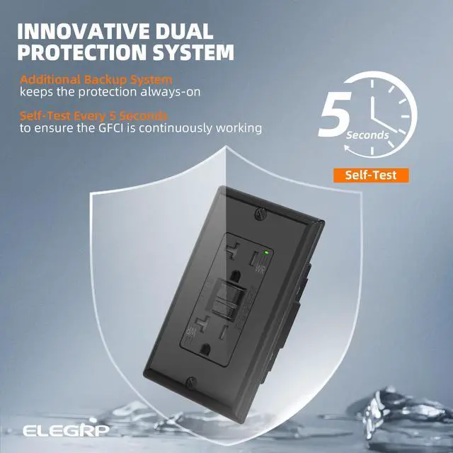 Alt view image 3 of 7 - ELEGRP Outdoor GFCI Outlet 20 Amp, Self-Test GFI Electrical Outlet with Narrow Design, Tamper Resistant GFCI Receptacle with LED Indicator, UL Listed, Black, Wall Plate Included, 10 Pack