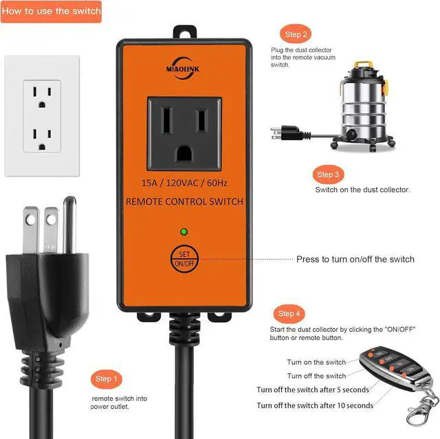 Alt view image 2 of 7 - 120v Automatic Vacuum Switch Wireless Remote Control Dust Collector Starter Outlet Switch (Battery Included) (120V)